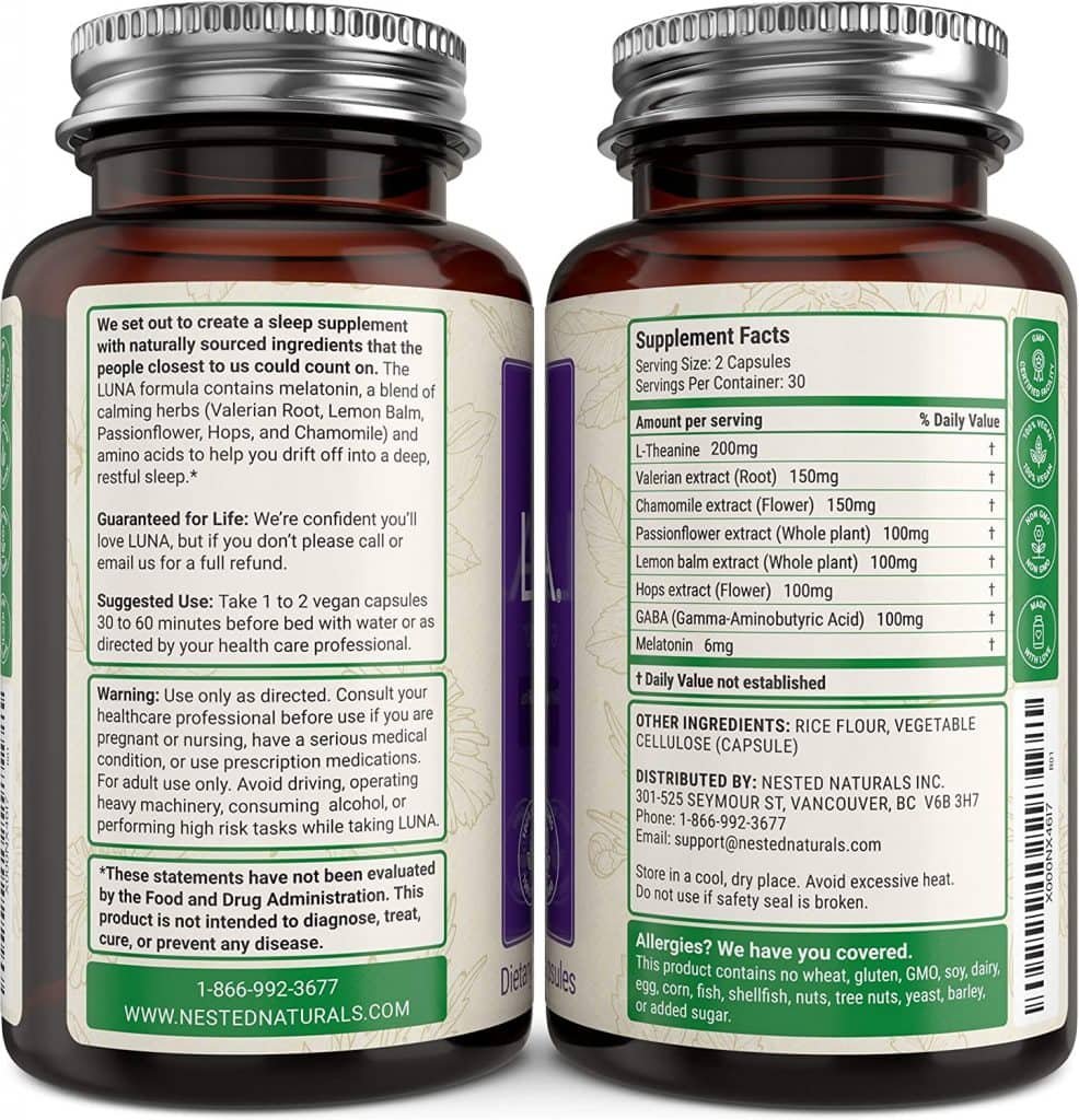 Luna Gentle Sleep Aid Back Label