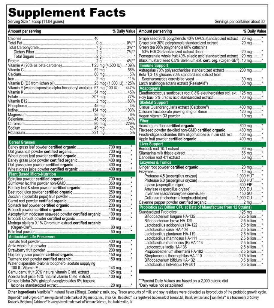 Green Vibrance Plant-Based Superfood Supplement Facts
