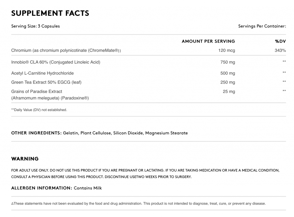 Quadralean Fat Burner Supplement facts