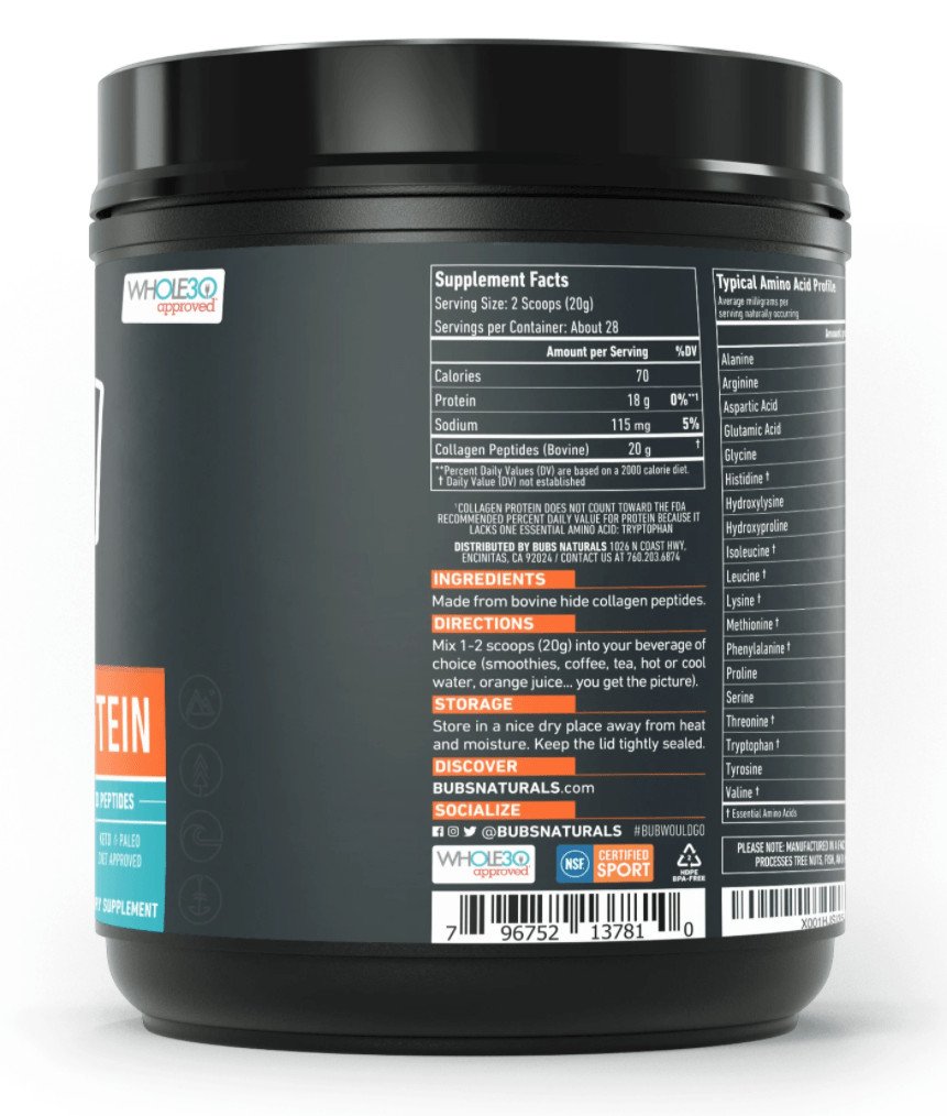 BUBS Naturals Collagen Protein Nutrition Information