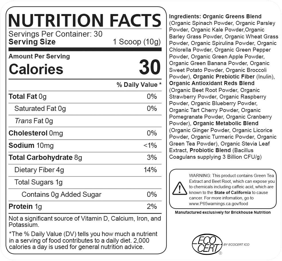 Brickhouse Nutritionโs Field of Greens nutrition fact