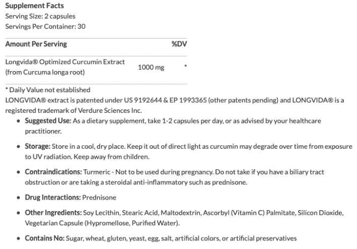 ProHealth Optimized Curcumin Longvida Ingredients