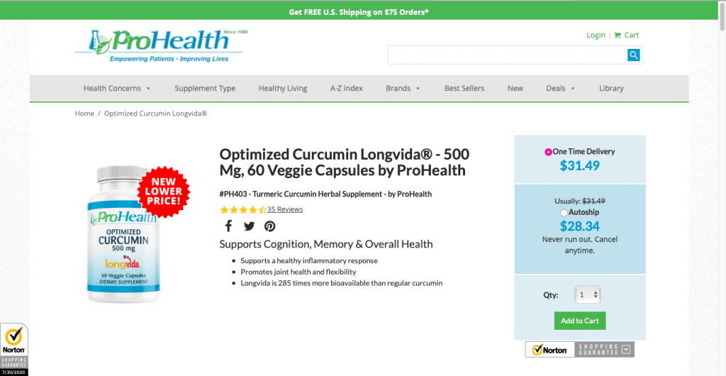 ProHealth Optimized Curcumin Longvida Website