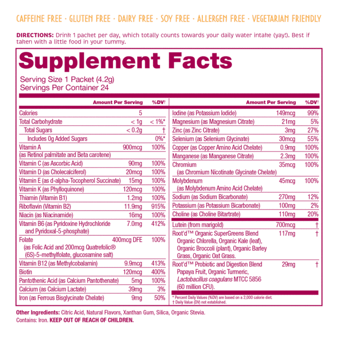 Root'd Women's Multivitamin Drink Mix Supplement Facts
