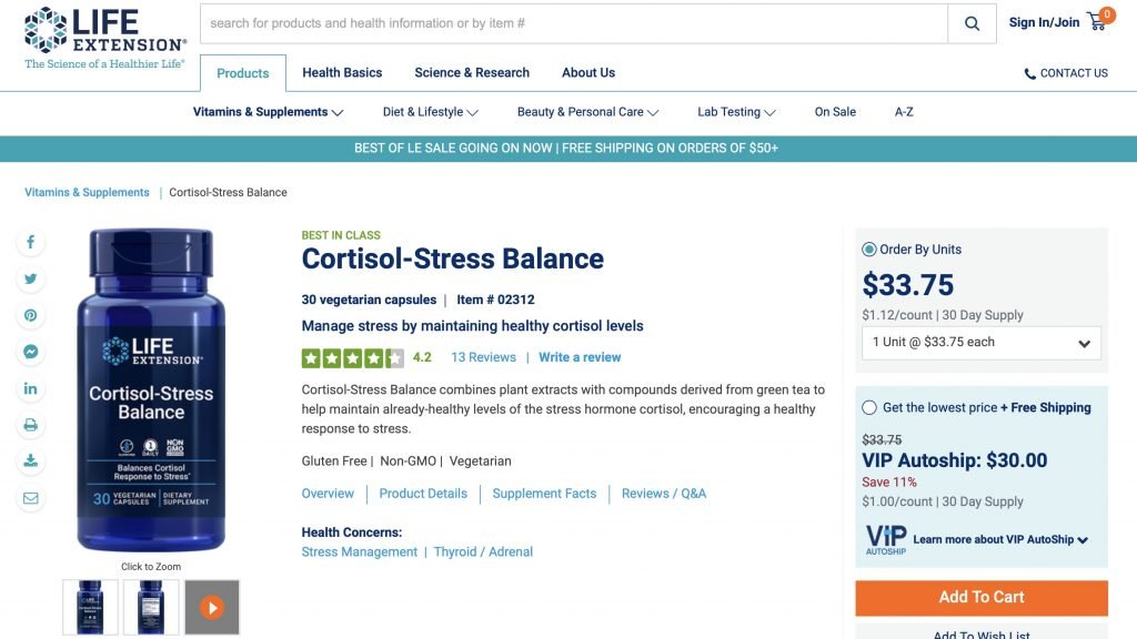 Life Extension Cortisol-Stress Balance Website