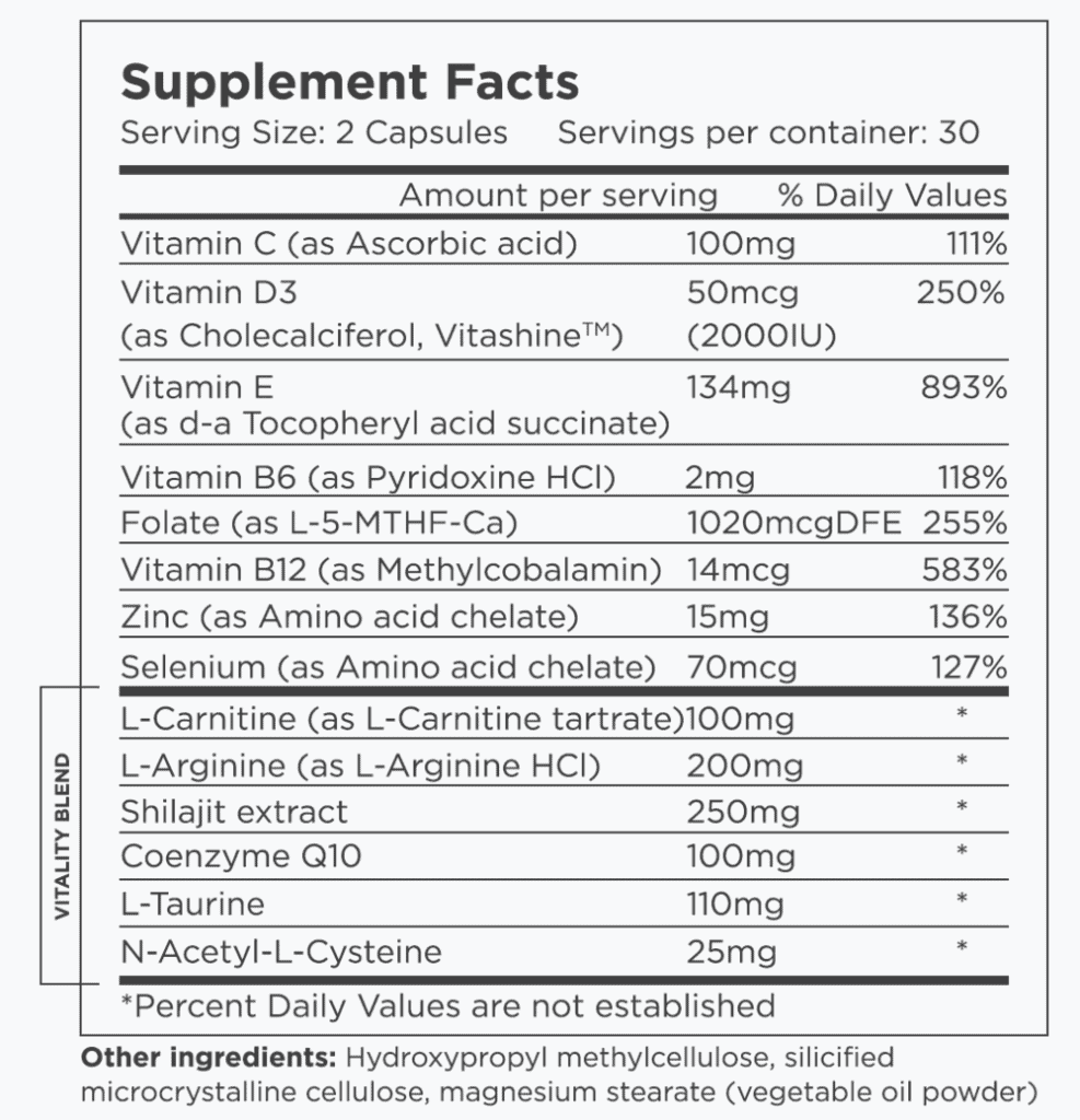 BeliMen Vitality Supplement Facts