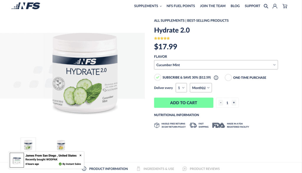 NF Sports Hydrate 2.0 Website
