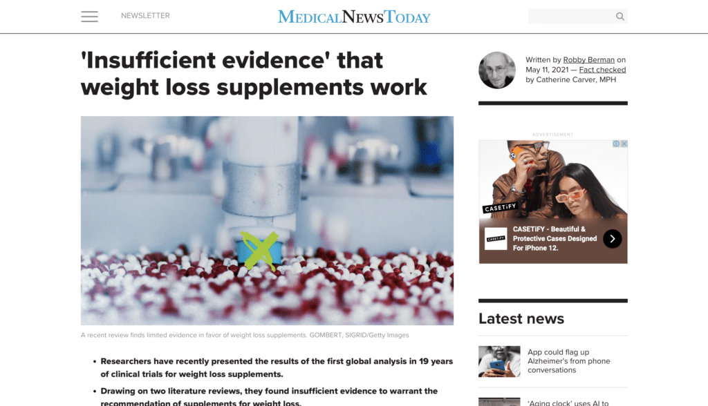 Article about Insufficient Evidence that Weight Loss Supplements Work