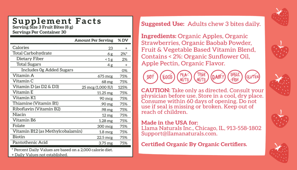 Llama Naturals' Adult Plant-Based Multivitamins-Supplement Facts