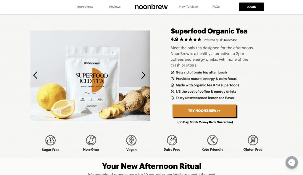 noonbrew superfood iced tea website