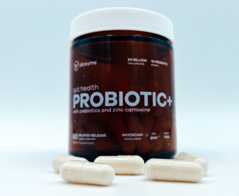 dioxyme probiotic+ bottle and pills