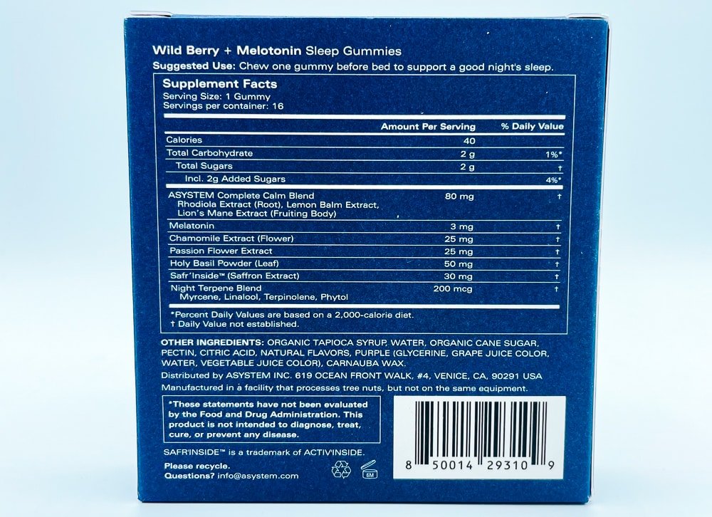 ASYSTEM Sleep Gummies Supplement Facts