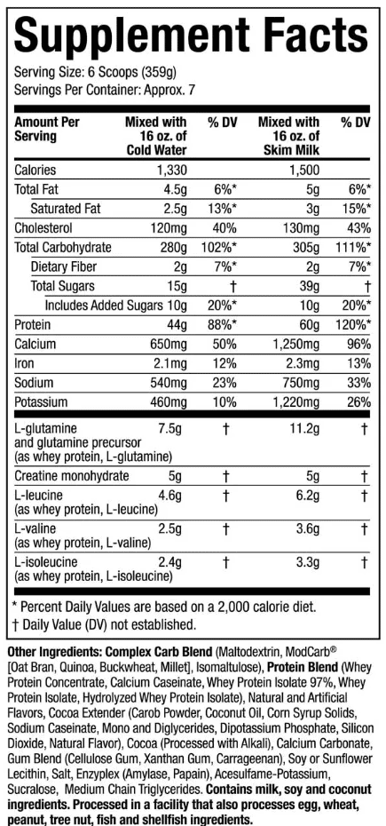 muscletech 100% mass gainer ingredient
